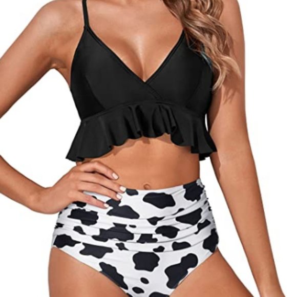 Cow Print Two Piece Swimsuits High Waisted Bikini Set - Picture 4 of 6